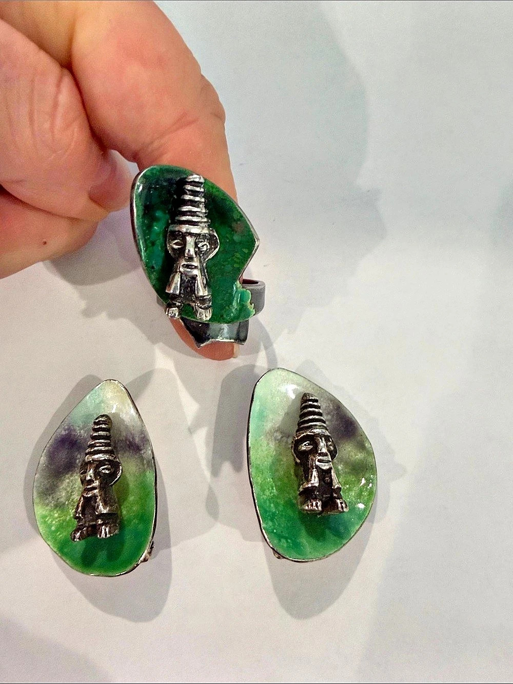 Aztec Warrior mask Green & Silver Face Motif Jewelry Set